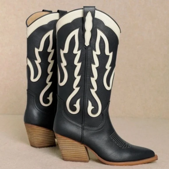 Miracle Miles Black Cream Faux Leather Western Boots - Picture 3 of 3
